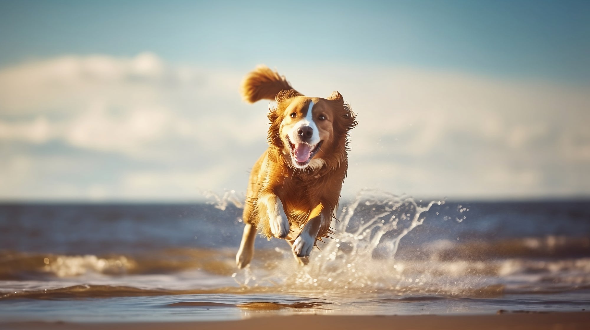 A happy dog running on a beach with the ocean in the background.